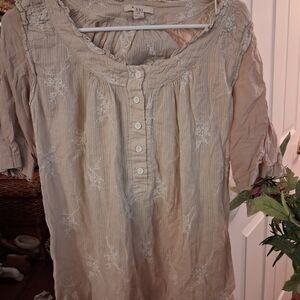 Boho Embroidered Button-Front Blouse in Beige